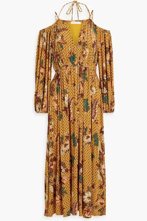 ULLA JOHNSON Noemi cold-shoulder printed stretch-jersey midi dress - Yellow