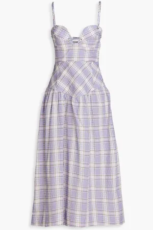 Ganni Gathered checked cotton-blend seersucker midi dress - Purple