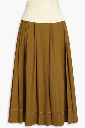 Tory Burch Two-tone pleated cotton-twill midi skirt - Brown