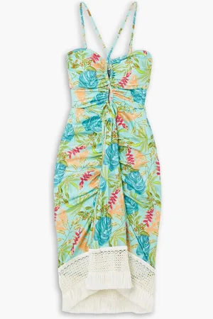 PATBO Tropicalia crochet-trimmed printed stretch-velvet midi dress - Blue