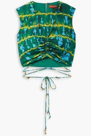Altuzarra Ayana cropped embellished ruched tie-dyed crepe de chine top