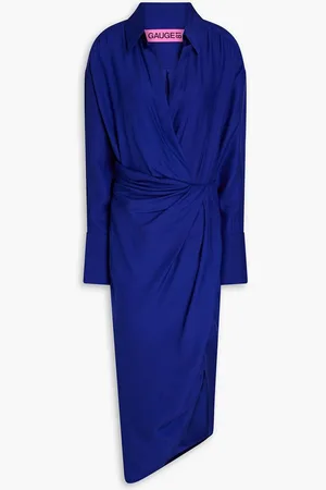 GAUGE81 Wrap-effect gathered silk-satin midi shirt dress - Blue