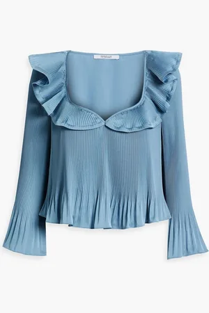Derek Lam Charis ruffled plissé satin-crepe top - Blue