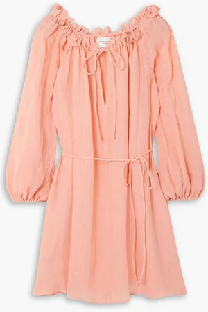Three Graces London Sorrell belted gathered linen-blend mini dress - Orange