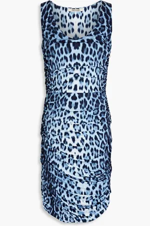 Roberto Cavalli Ruched leopard-print stretch-jersey mini dress - Blue