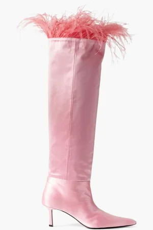 Alexander Wang Viola feather-trimmed satin over-the-knee boots - Pink