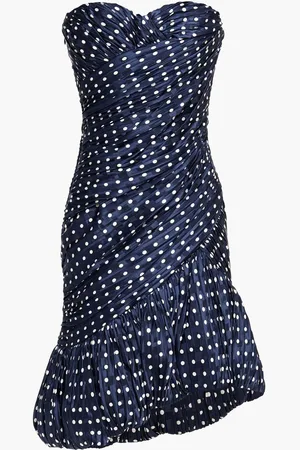 Tory Burch Ruched pleated polka-dot silk-satin jacquard mini dress - Blue