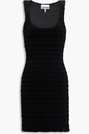 Ganni Smocked stretch-velvet mini dress