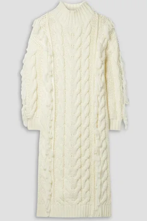 Farm Rio Fringed cable-knit midi dress - White