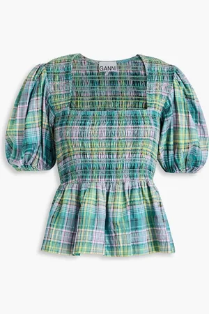 Ganni Shirred checked cotton-blend peplum top - Blue