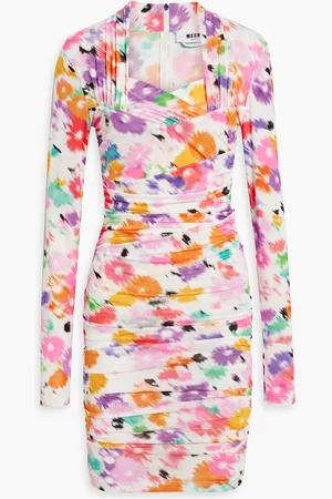 Msgm Ruched printed stretch-jersey mini dress - Purple