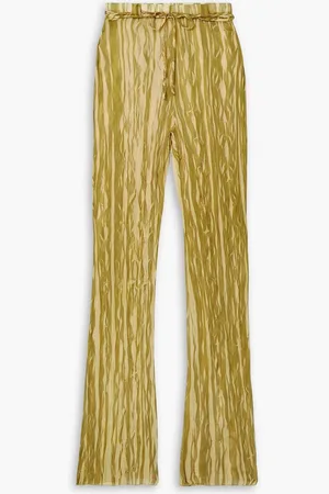 LAPOINTE Belted printed plissé-georgette slim-leg pants - Green