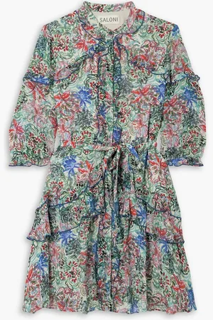 SALONI Tilly ruffled printed silk-chiffon mini dress - Blue