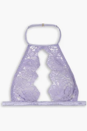 Coco De Mer Camellia satin-trimmed Leavers lace soft-cup halterneck bra - Purple