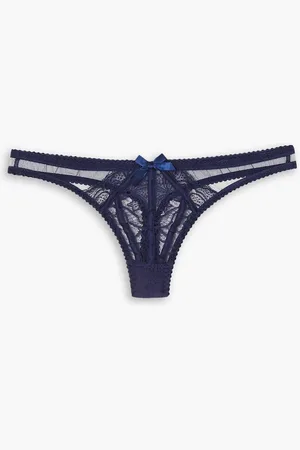 Agent Provocateur Rozlyn lace-paneled satin-trimmed tulle thong - Blue