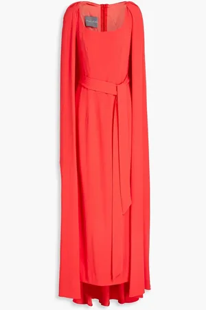 MONIQUE LHUILLIER Cape-effect belted crepe gown - Red
