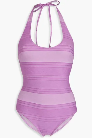 Lisa Marie Fernandez Amber cotton-blend chambray halterneck swimsuit - Purple