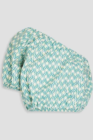 ONIA One-shoulder cropped printed cotton-poplin top - Blue
