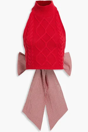 Rosie Assoulin Bow-detailed cotton-blend seersucker and cable-knit top