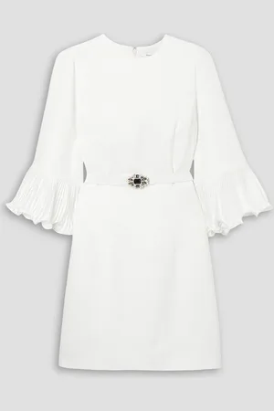 ANDREW GN Embellished belted plissé satin-trimmed crepe mini dress - White
