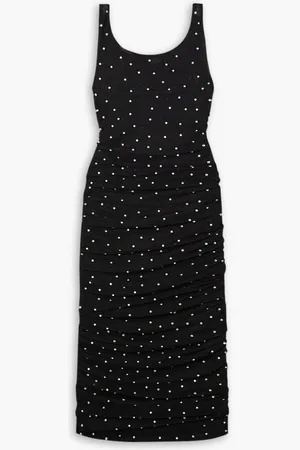 Leslie Amon Ruched crystal-embellished mesh midi dress