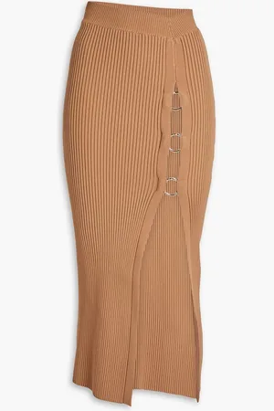 Nicholas Ring-embellished ribbed-knit midi skirt - Brown