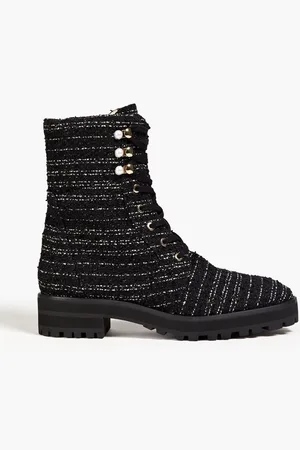 Stuart Weitzman Faux pearl embellished tweed combat boots