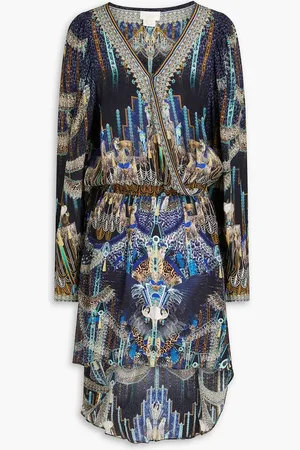 Camilla Wrap-effect crystal-embellished printed silk crepe de chine mini dress - Blue