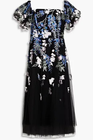 Marchesa Notte Embroidered tulle midi dress