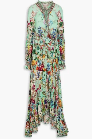 Camilla Asymmetric crystal-embellished printed silk crepe de chine maxi dress - Green