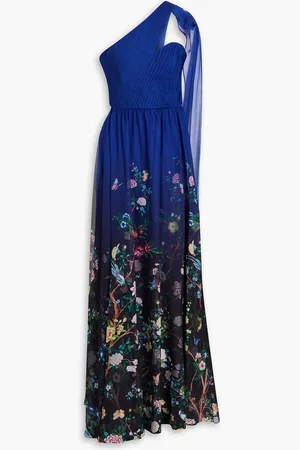 Marchesa Notte One-shoulder floral-print chiffon gown - Blue