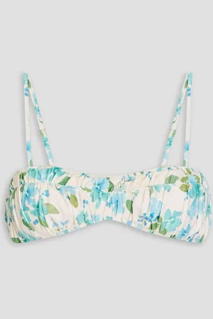 Peony Ruched floral-print stretch-ECONYL bikini top - White