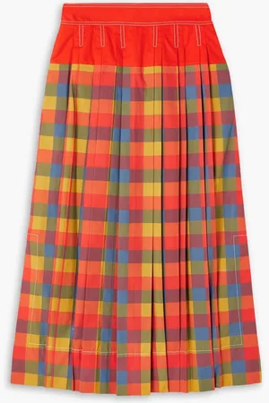 Tory Burch Veronica pleated checked cotton-poplin midi skirt - Red