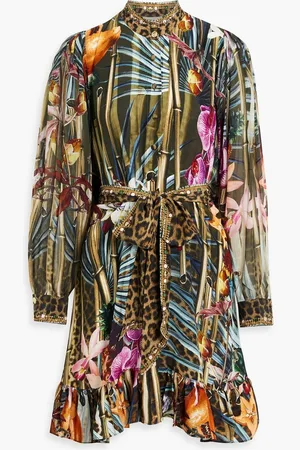 Camilla Embellished printed silk crepe de chine mini shirt dress - Purple