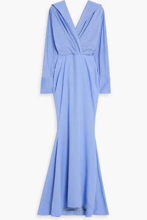 RHEA COSTA Wrap-effect draped taffeta and crepe gown - Blue