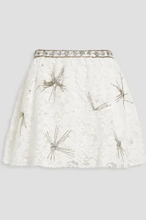 LOVESHACKFANCY Kezia embellished cotton-blend lace mini skirt