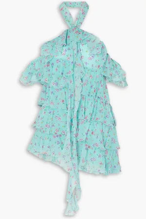 Alessandra Rich Violet ruffled floral-print silk-georgette halterneck mini dress - Blue