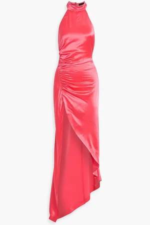 Retrofete Sabrina asymmetric ruched satin halterneck maxi dress - Orange
