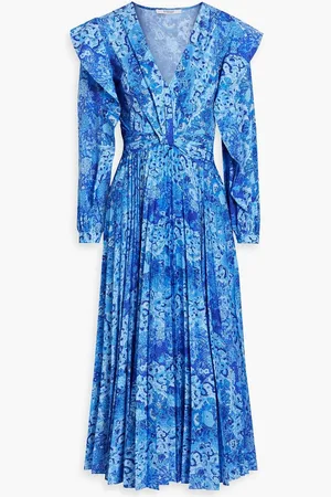 Derek Lam Pleated ruffled floral-print crepe midi dress - Blue