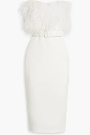 Badgley Mischka Strapless feather-embellished scuba midi dress - White