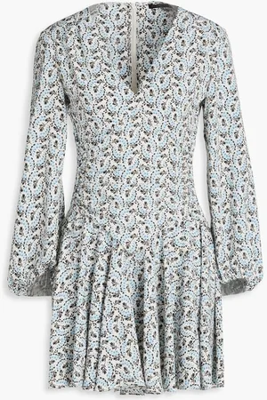Maje Ruched shirred floral-print crepe mini dress - Blue