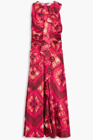 ULLA JOHNSON Othella ruffled printed silk-twill midi dress - Pink