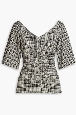 Ganni Ruched checked seersucker top