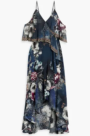 Camilla Asymmetric embellished silk crepe de chine maxi wrap dress - Blue