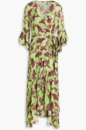 Diane von Furstenberg Ruffled printed stretch-mesh midi dress - Green