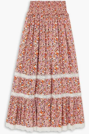 LORETTA CAPONI Clotilde lace-trimmed floral-print crepe de chine maxi skirt