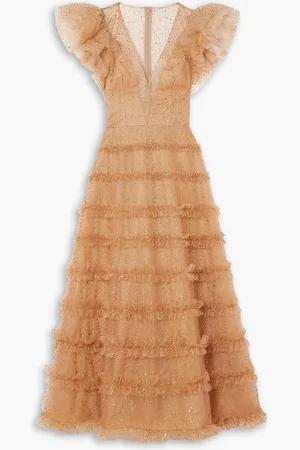 Costarellos Nixie tiered glittered tulle midi dress