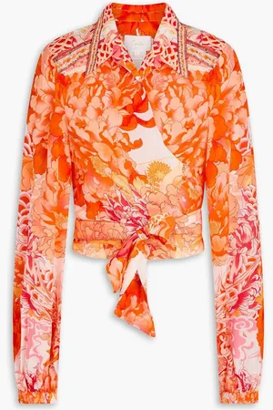 Camilla Cropped crystal-embellished floral-print silk crepe de chine wrap shirt