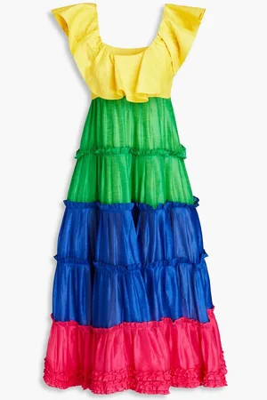 LEO LIN Tiered color-block linen and silk-blend midi dress