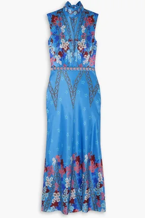 SALONI Fleur printed silk-satin midi dress - Blue